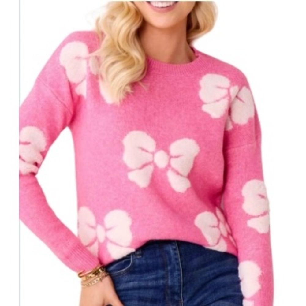 Avara Pink Bow Knit Sweater Crewneck Textured Bows AVW15083 Large